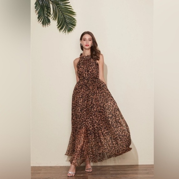 Chicwish Pleated Halter Maxi Dress in Brown and Black - Picture 2 of 11